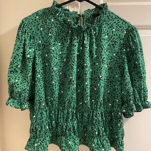Who What Wear Green and Black Patterned Blouse